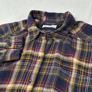 Free People Oversized Flannel Top Womens Large Blue Yellow Plaid Hidden Valley